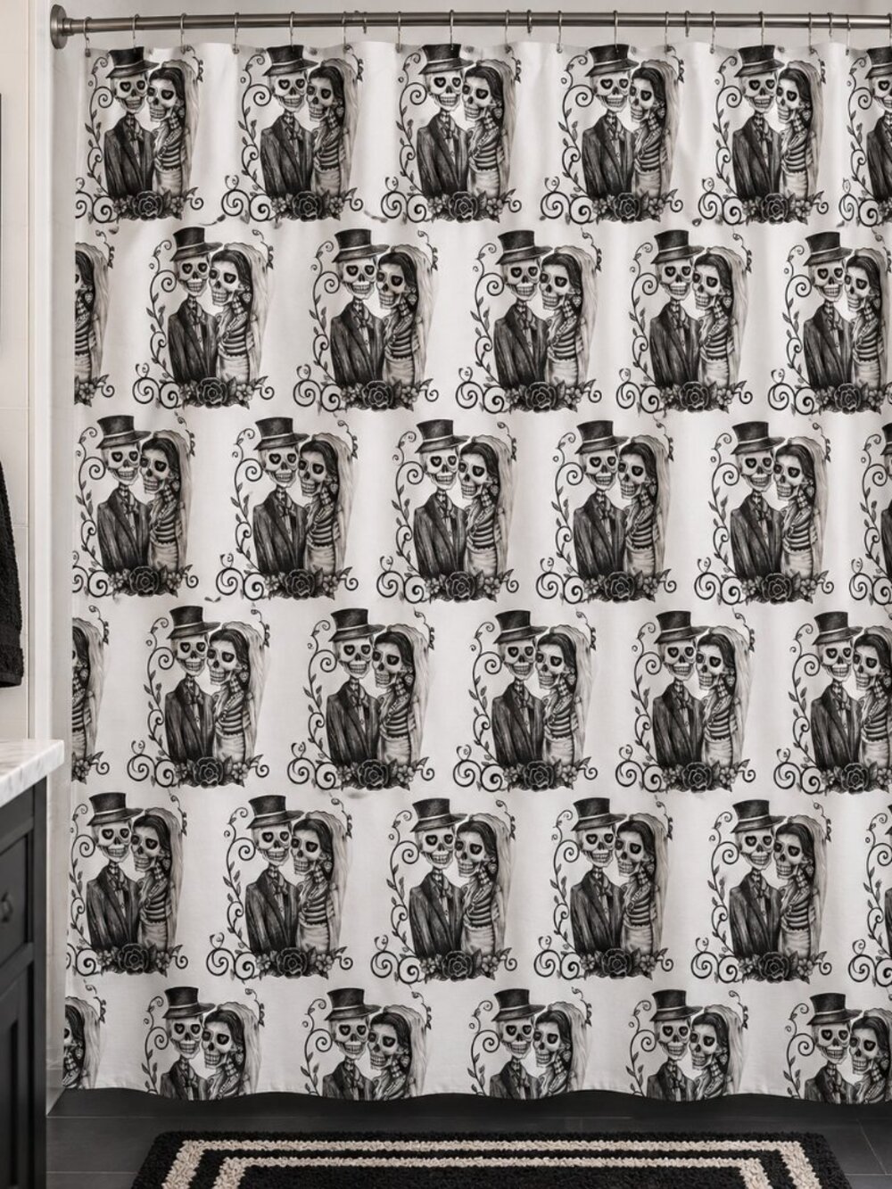 Halloween Skeleton Bride Groom Shower Curtain 72x72 Gothic Wedding NWT Black